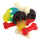 Assorted color gummy skulls and bones candy, approx 2 inches, 69 pieces per pound. Ideal for Halloween, pirate parties.