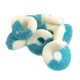 Blue Raspberry Gummy Rings, vibrant blue and white, finely sanded, 65 per pound, Made in USA.