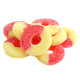 Vibrant red and yellow Strawberry Banana Gummy Rings, chewy, sugar-coated. Approximately 75 delicious gummies per pound.