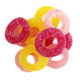 Assorted non-GMO lemonade gummy rings, 65 per pound, in yellow, pink, and red, for classic, strawberry, pomegranate flavors.