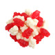 Albanese Valentine Gummy Bears, vibrant red and white, Strawberry Banana, Cherry flavors.