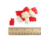 Vibrant red and white Albanese Valentine Gummy Bears, Strawberry Banana and Cherry flavors, USA made.