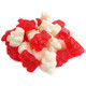Albanese Valentine Gummy Bears, red and white, Strawberry Banana Cherry flavors, chewy, perfect for Valentine's Day.