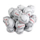 Bite-sized milk chocolate baseballs, white foil wrapped, red stitching, approx 65 per pound, creamy milk chocolate candy.