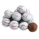 Milk chocolate baseballs, white foil wrapper with red stitching, bite-sized mini candies, approximately 65 per pound.