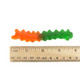 Two-toned, assorted fruit-flavored gummy centipede candies, approximately 90 pieces per pound. Perfect spooky Halloween treats.