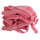 Bright red wild cherry sour belts, sugar-coated, tangy, approx 50 pieces per pound, 9'' long.