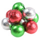 Festive red, silver, green foil-wrapped milk chocolate Christmas balls, approx 74 per pound, 3/4 inch diameter.