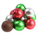 Solid milk chocolate balls individually wrapped in festive green, red, and silver shiny foil wrappers