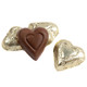 Gold foil wrapped Madelaine mini milk chocolate hearts, approximately 55 per pound. Milk chocolate, 1 3/8 inch hearts.