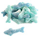 Clever Candy Gummy Sour Sharks, two-toned blue, berry flavored, sour sugar sanded. Approx 90 fish-shaped gummies per pound.