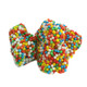Colorful gummy bears covered in rainbow nonpareil sprinkles. Sweet, fruity, soft gummy, crispy crunch.