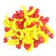 Bright red strawberry and yellow banana pressed candies, sweet and sour fruity flavor, approx. 740 pieces per pound.