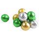 Solid milk chocolate balls individually wrapped in festive green, gold, and shiny foil wrappers