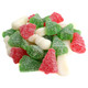 Colorful sanded gummy trees and snowmen, fruit flavors, white snowy sugar coating, bulk Christmas holiday candy.