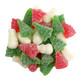 Assorted fruit-flavored sanded gummy trees and snowmen, with a snowy white coating. Approx. 27 pieces per pound.