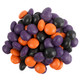 Halloween milk chocolate gems, black, purple, orange, crunchy candy shell, approx 400 per pound.
