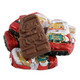 Mini Krisp Kringle milk chocolate Santas, smiling faces, tiny crisps. Red & brown foil wrapped, approx 48 per pound.