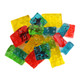 Colorful 3D gummy building blocks, 80 per pound, shaped like Lego bricks, sweet and fruity candy.