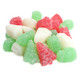 Christmas Jelly Candy Mix, snowmen, Santas, bells shapes, vibrant red, green, yellow cherry, lime, lemon flavors.