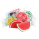 Bulk bag of assorted colorful jelly fruit slices, individually clear wrapped, sugar-coated, 32 per pound.