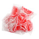 Cherry Jelly Fruit Slices, red center, red and white edge, sugar-drenched, individually wrapped, approx 32 per pound.