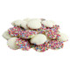White Chocolate Rainbow Nonpareils, creamy white discs with bright rainbow nonpareils, bulk unwrapped, 130 per pound.