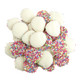 Bulk white chocolate rainbow nonpareils. Creamy white discs topped with bright colorful nonpareils. Approx 130 per pound.