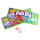 Fun Dip 24 pack, 3 colorful flavors: blue-green Razz Apple, red Cherry, purple Grape, with two white candy sticks.