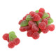 Bright red Gummy Sour Twin Cherries, bite-sized candy, 64 per pound, with stems, sweet gummy, sour sugar coating.