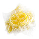 Yellow & white lemon jelly fruit slices, sugar-drenched & individually wrapped, approximately 32 per pound.