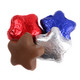 Red, white, and blue foil-wrapped milk chocolate stars, approx 45 per pound. Madelaine USA patriotic candy.