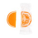 Vibrant orange jelly fruit slices, individually wrapped in clear cellophane, sugared, approx. 32 per pound.