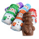 Miniature solid milk chocolate snowmen, 50 per pound, individually wrapped in shiny holiday foil.
