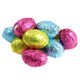 Palmer Milk Chocolate Easter Eggs, individually wrapped in bright blue, pink, and yellow foils, about 92 per pound.