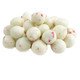 Small Peppermint Chocolate Bites, white chocolate coated, with red & white crushed candy canes, approx 1/2 inch, 160 per pound.