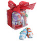 Madelaine 1/2 lb milk chocolate snowmen candy treat cube, tied with a festive bow for holiday gifting.