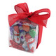 1/2 lb Madelaine solid milk chocolate snowmen in a treat cube with a festive holiday bow.