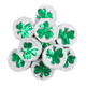 Solid milk chocolate discs, white foil with bright green shamrocks. Approx 55 per pound, St. Patrick's Day candy.