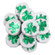 55+ solid milk chocolate discs, individually wrapped in white foil with bright green shamrocks, perfect St. Patrick's Day candy.