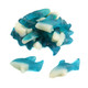 Gummy Sharks, white fin, vibrant red cherry, green lemon-lime, blue raspberry candy. Made in USA.