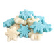 Icy-blue gummy glitter snowflakes with sparkling sugar coating, intricate shape, approximately 65 per pound.