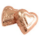 Dark chocolate hearts wrapped in shiny bronze foil. Approx 60 per pound, Madelaine Chocolate Co., USA made.