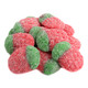 Red, tangy Gummy Sour Strawberries, approx 70 per pound, with sweet strawberry flavor, made in Spain.