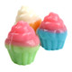 3D Gummy Cupcakes, assorted flavors, pink/white frosting, adorable wrappers, approx 55 per pound.