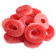 Vibrant red Watermelon Gummy Rings, sweet and soft, approximately 55 rings per pound.