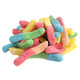 Mini Sour Neon Gummy Worms, vibrant rainbow colors, sour coating, approx. 110 worms per pound, fruity goodness.