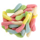 Mini Sour Neon Gummy Worms, vibrant rainbow colors, sweet & sour tangy fruit flavor, approx 110 worms per pound.