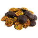 Rich dark chocolate Fall nonpareils, approx 130 pieces, festive yellow, orange, brown sprinkles on smooth discs, USA.