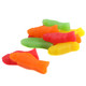 Assorted gummy fish, rainbow colors, fish-shaped, chewy juju candy. Lime, cherry, orange, lemon flavors.
